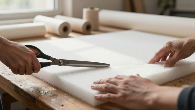 A skilled craftsman cuts a thick white foam sheet with large shears on a rustic wooden workbench, surrounded by rolls of material in a well-lit workshop.