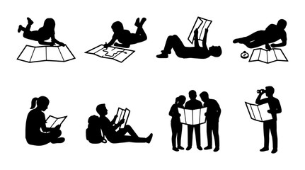 Fototapeta premium Silhouette Collection: Diverse People Reading Maps, Exploring, Planning Journeys, Navigation, Discovery, Travel Planning, Outdoor Activities, Information Gathering