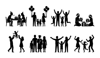 Family Celebration Silhouettes: Birthday Party, Graduation, Gift Giving, and Joyful Moments Vector Set