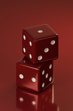 Two Metallic Red dice are stacked on a shiny base. The Metallic Red dice are stacked and display the numbers 1, 2, 3, 4, and 5