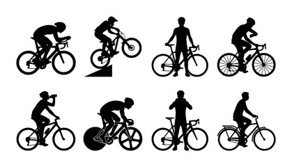 Fototapeta premium Cyclist Silhouettes Collection: Diverse Bicycle Sports and Activities, Vector Icons for Sport and Recreation Graphics