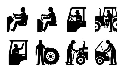 Farm Tractor Operator Silhouettes, Agricultural Machinery Icons, Rural Vehicle Mechanics, Farming Industry Symbols © Momin