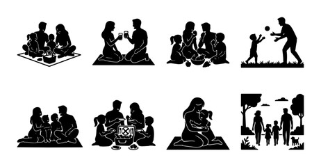 Fototapeta premium Family Picnic Silhouettes, Outdoor Recreation Icons, Summer Leisure Activities, Diverse Group Scenes, Vector Graphics Set