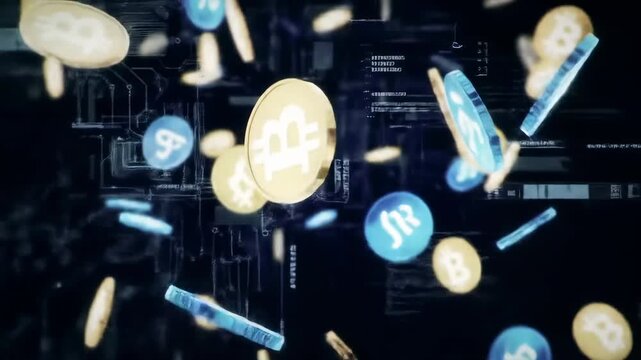 Digital cryptocurrency coins falling, Bitcoin and other altcoins, digital circuit board background, technology and finance concept