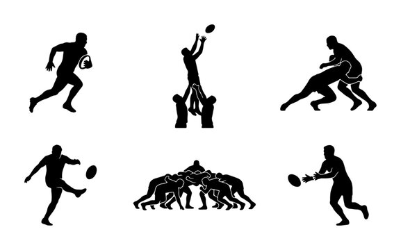 Rugby Action Silhouettes: Dynamic Sports Icons for Game Day Graphics, Athletic Branding, and Sports Event Promotion
