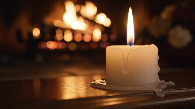 Burning white candle with melting wax on a wooden surface in front of a warm fireplace