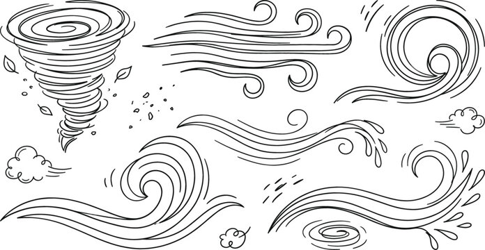 Wind vector doodle set with blowing gust swirls tornado twister and air currents icons for weather design concepts