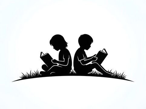 Silhouette of Two Children Sitting Back to Back Reading Books on a Grassy Hill for Education and Literacy Concept