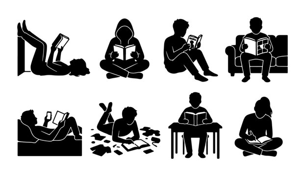 Diverse Silhouettes of People Reading Books and Devices, Vector Set for Education, Leisure, and Information Gathering