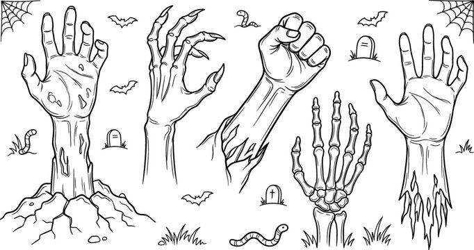 Zombie hands skeleton arms reaching from grave spooky Halloween vector line art elements set isolated on white background