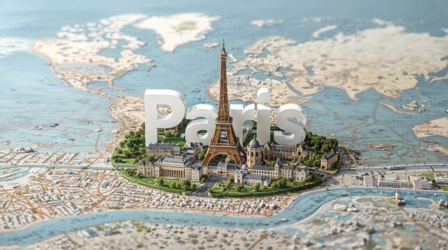 3D Miniature Aerial View of Paris Cityscape with Eiffel Tower and Typography