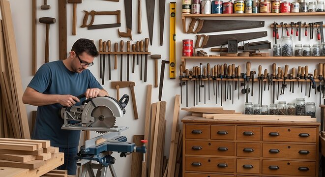 Professional carpenter working with a circular saw in a traditional woodworking workshop.