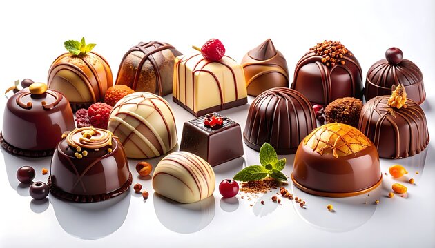 Assorted gourmet chocolates with toppings.
