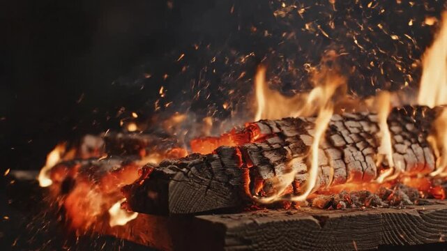 Burning wooden logs with bright orange flames and glowing sparks during a fire disaster