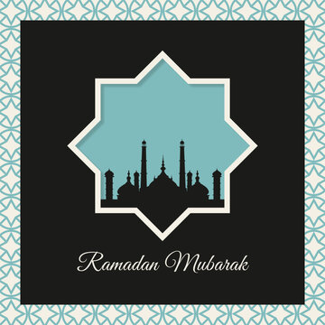 Ramadan Mubarak Islamic Frame with Mosque Silhouette Vector