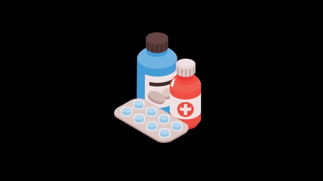 d isometric medicine bottles with blister pack of pills for healthcare concept