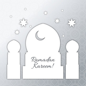 White Ramadan Kareem Greeting Card with Islamic Arch and Crescent Moon