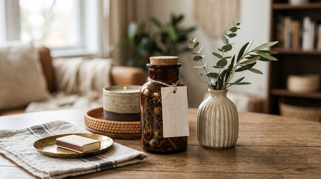 Stylish home accessories arrangement on wooden table for cozy interior background and tabletop decor design