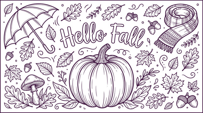 Hello fall intricate line art with pumpkin leaves and autumn accessories silhouette