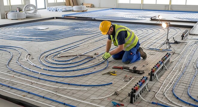 Professional construction worker installing underfloor heating pipes in a new building.