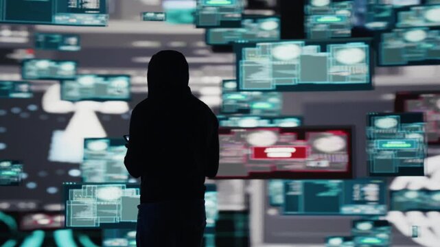 Male hacker programs a covert system breach, bypassing firewalls and exploiting network vulnerabilities to perform cyber intrusion, data theft and unauthorized access.