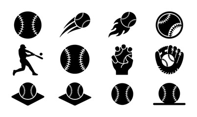 Fototapeta premium Baseball Icons Set: Silhouette Batter, Flying Balls, Glove, Team Spirit, Sport Graphics, Vector Collection for Game Design