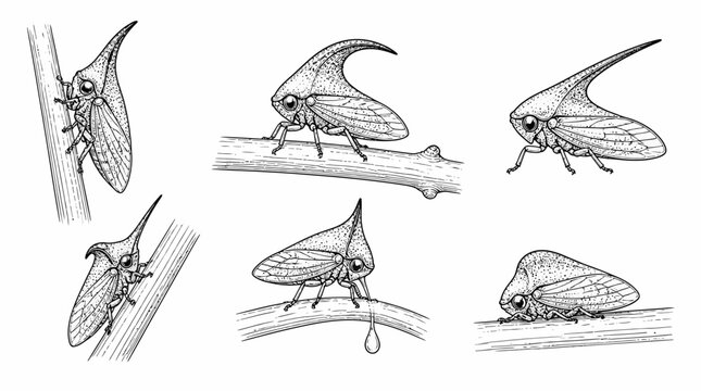Treehopper Insect Set, Detailed Line Drawing Illustration