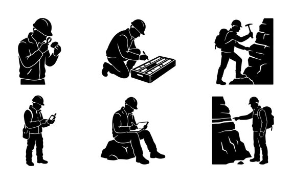 Geologist Icons Set, Mining Exploration Silhouettes, Rock Sample Analysis, Field Research Vector Graphics, Geology Tools and Equipment