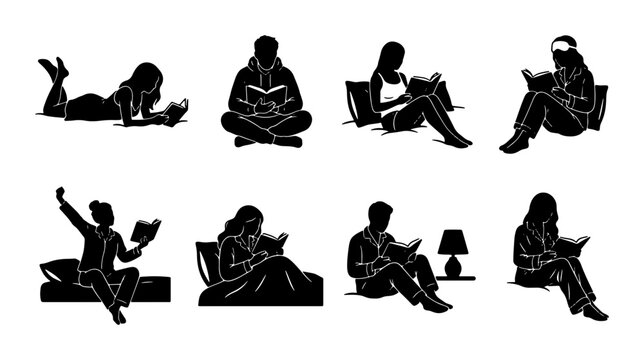 Diverse People Reading Books Silhouettes, Collection of 8 Figures in Various Poses, Vector Graphics for Lifestyle and Education Concepts