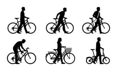 Obraz premium Silhouette Cyclists Collection: Diverse Bicycle Riders in Motion, Urban Commute & Leisure Cycling Icons, Vector Set