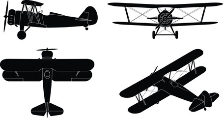 Vintage Biplane Airplane Silhouette Vector Set with Multiple Flight Angles for Aviation Designs © MstBabli