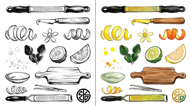 Collection of citrus fruit preparation tools and garnishes, presented in both sketch and watercolor styles.