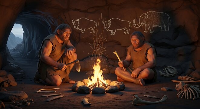 Prehistoric cavemen sitting by a campfire inside a dark stone cave with wall paintings.