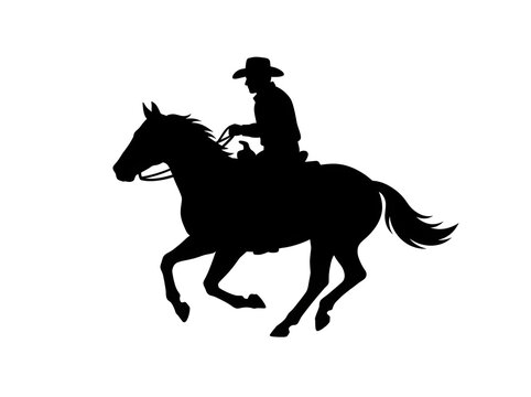 Cowboy riding horse black silhouette galloping stallion vector illustration on white background