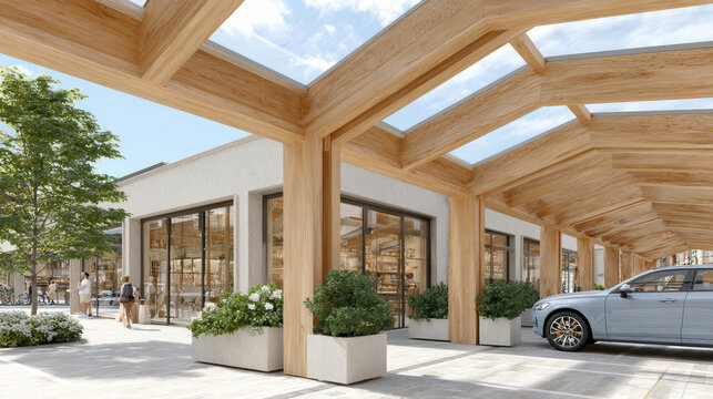 Outdoor supermarket frontage with wooden pergola canopy, planters and parking bays for commercial exterior background and urban design