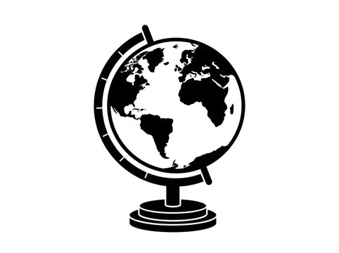 Black and white globe icon representing global education and travel concept