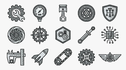 Industrial Monochrome Icons Set Showcasing Mechanical Engineering and Technology Elements in Grayscale © Junita