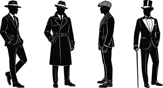 Vintage Gentleman Suit and Retro Classic Fashion Outfit Style Silhouette Vector Icon Set