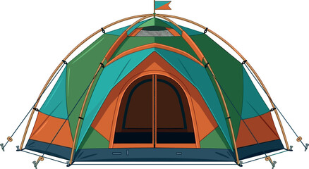 Camping dome tent vector illustration isolated on white background orange and green outdoor shelter equipment for adventure travel tourism web graphic design © MstBizly