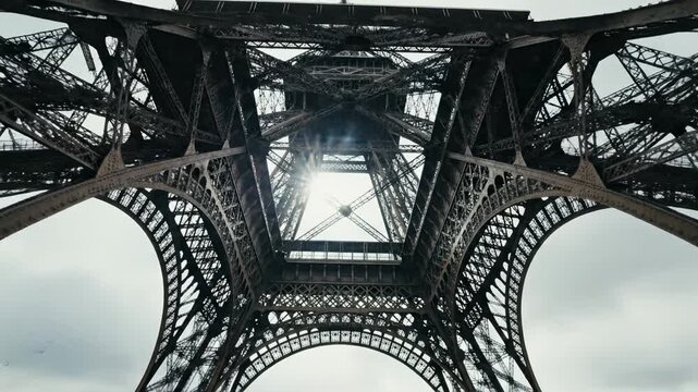 Looking up through the Eiffel Tower structure in Paris