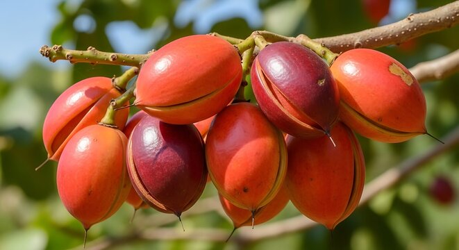 Ripe Sterculia foetida fruit pods hanging on a tree branch.