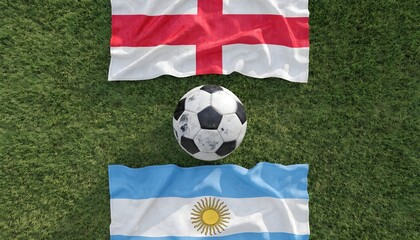 Naklejka premium Soccer ball placed between the national flags of england and argentina on green grass