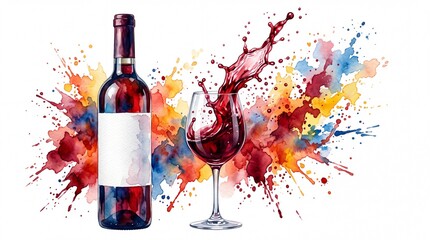 Fototapeta premium Detailed red wine bottle and splashing glass with vibrant artistic colorful paint on white background