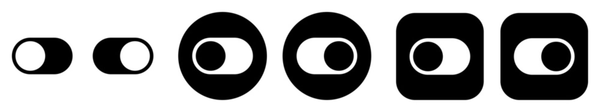 Toggle switch icon set in outline, solid circle and square styles. UI control icons for on off settings, web and mobile interfaces, forms, dashboards and applications. 