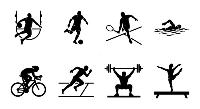Diverse Sports Icons Set, Athletic Silhouettes Collection, Action Figures Vector Graphics, Fitness and Competition Symbols