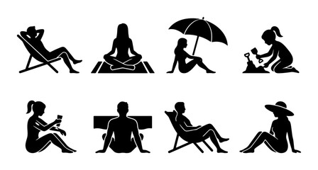 Obraz premium Beach Relaxation Silhouettes, Summer Vacation Icons, People Enjoying Leisure Activities, Seaside Leisure Vector Set