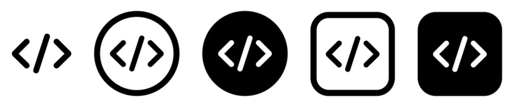 Code brackets icon set in outline, solid circle and square styles. Programming icons for developers, coding, web and mobile interfaces, software applications and source code editors. 