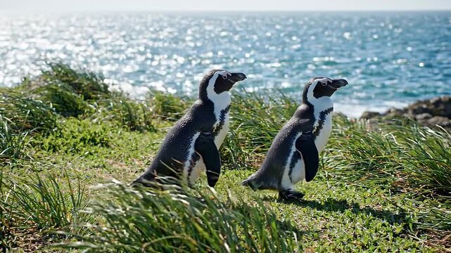 Wild Penguin Pair Standing Near Coastal Grassland Overlooking Ocean Waves With Natural Seaside Habitat And Peaceful Wildlife Environment Showcasing Marine Birds Living In Remote Scenic Landscape