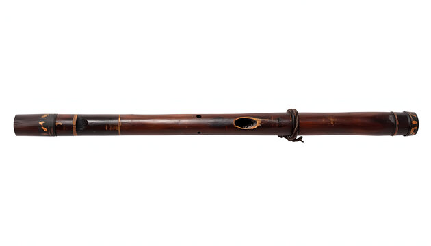 Traditional brown bamboo shakuhachi flute instrument isolated on a clean white studio background for music
