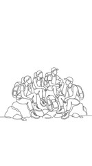 Obraz premium Continuous line drawing of a group of hikers resting on rocks.